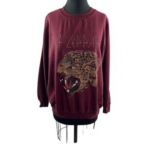 Def Leppard Cheetah Print Burgundy Long Sleeve Top Cotton Blend Crewneck Sz XXL